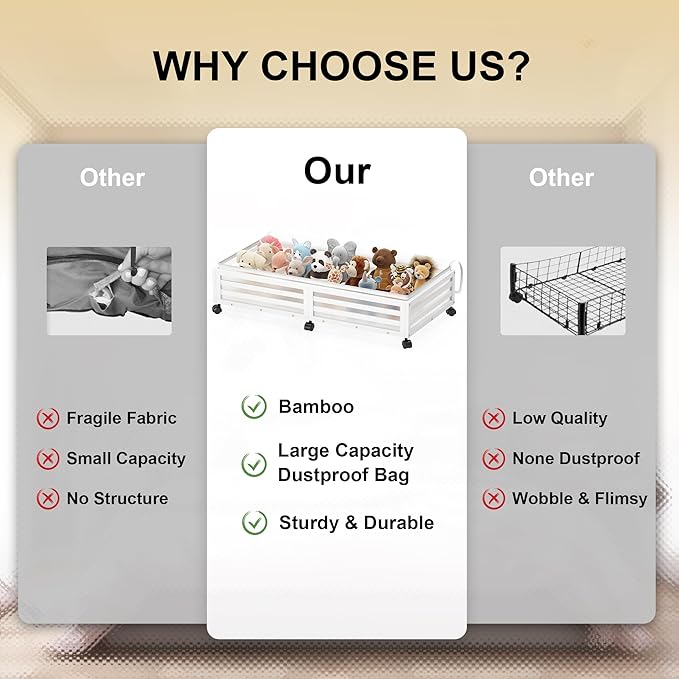 Under Bed Storage Containers With Wheels - 2 Pcs Large Bamboo Wood Rolling Underbed Shoe Storage Bins With Dust Bags for Clothes Blankets, Duvet Covers Snacks Toys (White)