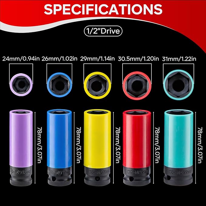5 PCS 1/2" Drive Wheel Protector Impact Socket,Metric Size15-17-19-21-22mm,Non-Marring Lug Nut Thin Wall Deep Socket Set, CR-MO, 6 Point, Color-Coded Protective Socket