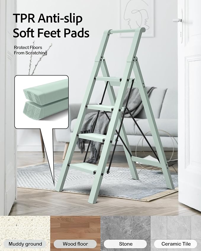 Taranta 4 Step Ladder, Lightweight Aluminum Step Stool with Convenient Handgrip, Folding Ladder with Anti-Slip Pedals, 330lbs Capacity Stepladder for Home, Office, Kitchen - Fairyland Green