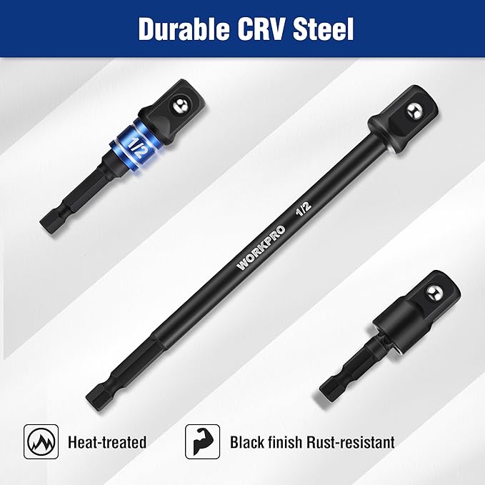 WORKPRO Impact Grade Socket Adapter Set (Basic/Swivel/Long), 1/4", 3/8", & 1/2" Drive, Extension Driver Bit With Case, for Power Drill to High Torque Impact Wrench, 9PCS