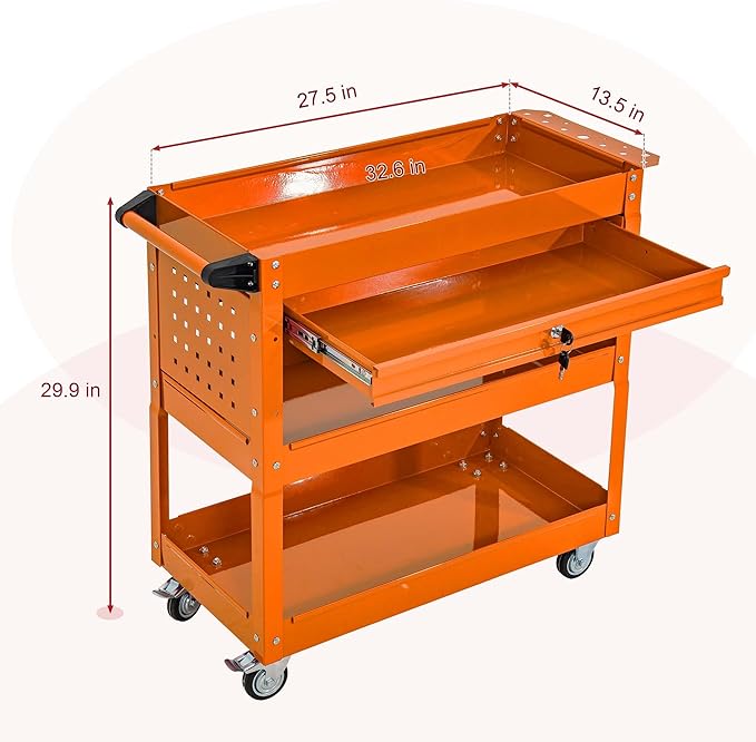SUN & SUMMER 3-Tier Rolling Tool Cart with Wheels Tool Storage Organizer Chest with Lockable Drawers Tool Box with Adjustable Shelf Utility Cart on Wheels for Workshop Garage Warehouse(Orange)