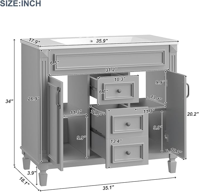 Merax 36” Bathroom Vanity with Sink, Freestanding Single Bathroom Sink Vanity Cabinet Set with 36” Countertop & Integrated Sink, 2 Doors & 2 Drawers (Sink Cabinet Only, Gray)