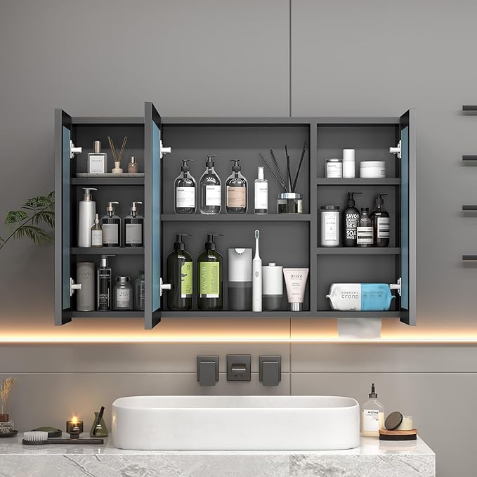 23.6 x 39.4 inch Bathroom Medicine Cabinet with Mirror, Black Metal Framed Mirror Medicine Cabinet with Storage, Pre-Assemble Medicine Cabinets for Bathroom, Recessed or Surface Mount