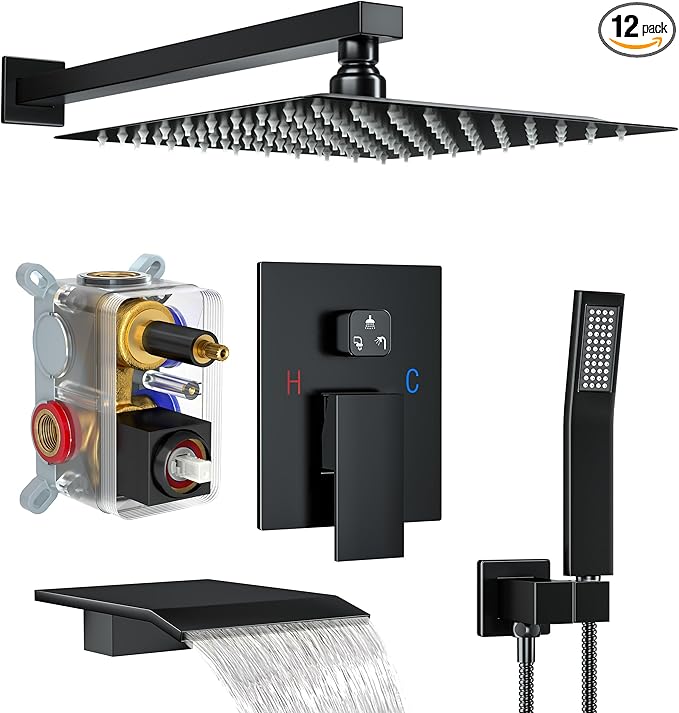 Shower System with Tub Spout, Shower Faucet Set with 12 Inch Rain Showerhead Handheld Shower and Tub Spout, Wall Mounted High-Pressure Showerhead Combo Set Included Valve and Trim, Matte Black
