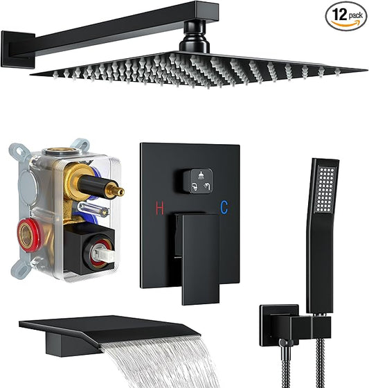 Shower System with Tub Spout, Shower Faucet Set with 12 Inch Rain Showerhead Handheld Shower and Tub Spout, Wall Mounted High-Pressure Showerhead Combo Set Included Valve and Trim, Matte Black