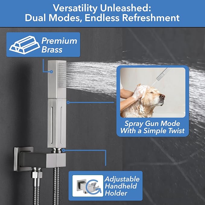 VANFOXLE Shower Faucet Set Brushed Nickel Shower System with 4 PCS Dual Modes 2 Inch Body Jets,Push Button Diverter Shower Fixtures with 2 in 1 Handheld,Ceiling Mount 10 Inch Shower Head