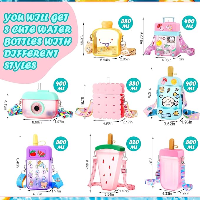Patelai 8 Pcs Cute Water Bottles with Straw Kawaii Watermelon Ice Cream Cups Leak Proof Drinking Bottles with Adjustable Shoulder Strap for Sports Travel Camping(Stylish Style)