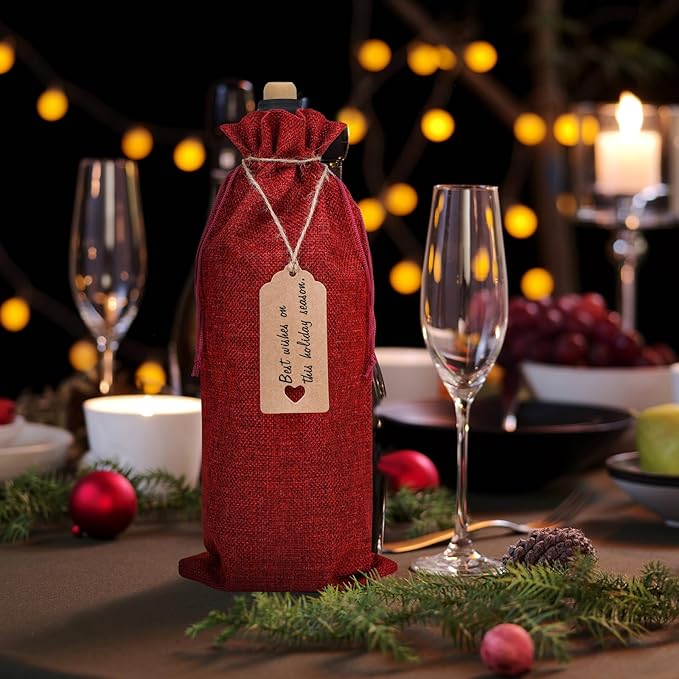 EVRWO Burlap Wine Bags 12 Pcs Wine Bottle Gift Bags Reusable Gift Bags With Drawstrings Tags & Ropes for Holiday Weedings Party, Birthdays, Travel, Blind Tastings, Home Storage 750ml (Burgundy)