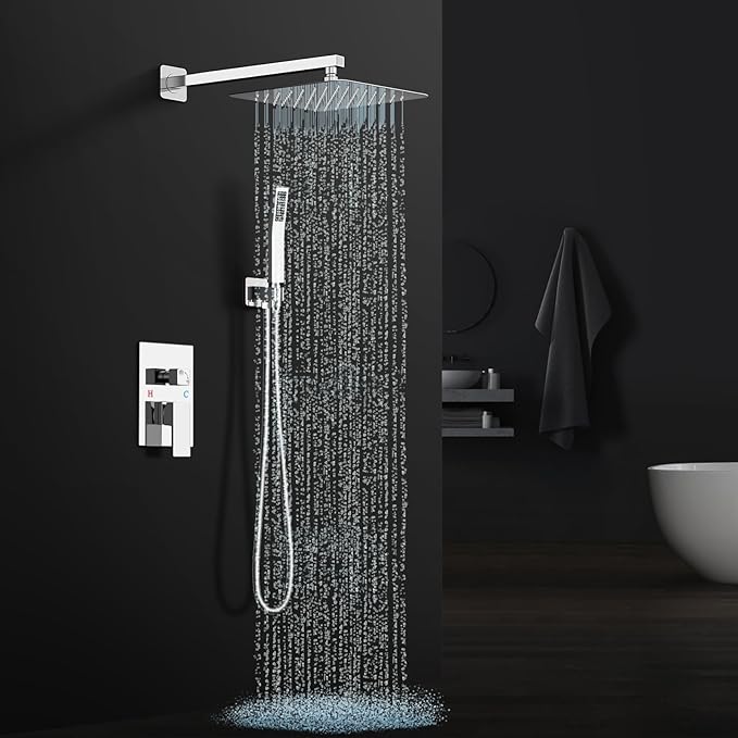 Shower Faucet Set Bathroom Square Rain Shower Head and Handle Set, Wall Mounted Shower Fixtures With Shower Valve and Trim Kit 12 inch Brushed Nickel