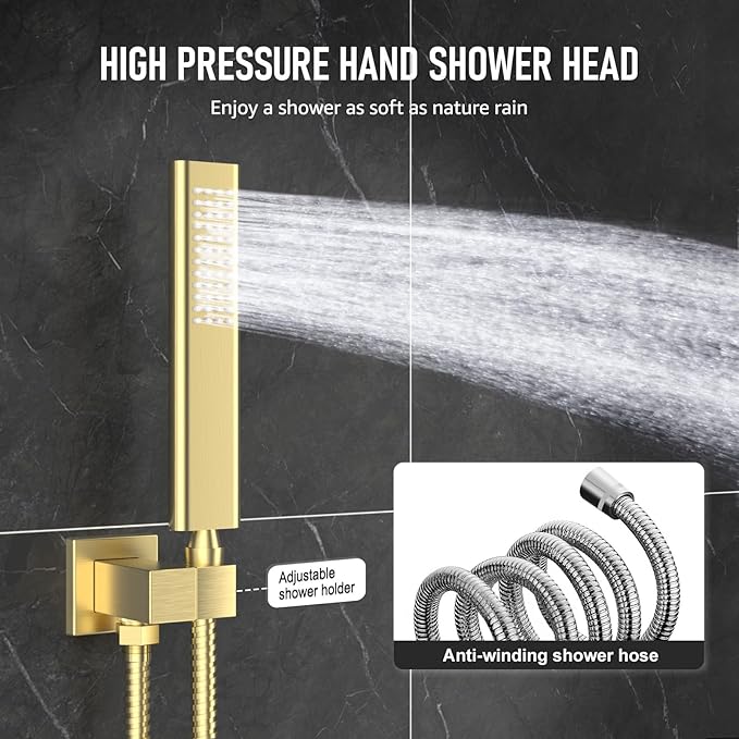 Iriber Brushed Gold Shower System Wall Mount with 12 Inch Rain Shower Head and Handheld Bathroom Champagne Bronze Shower Set Contain Shower Faucet Mixer Trim Kit (Valve Included)