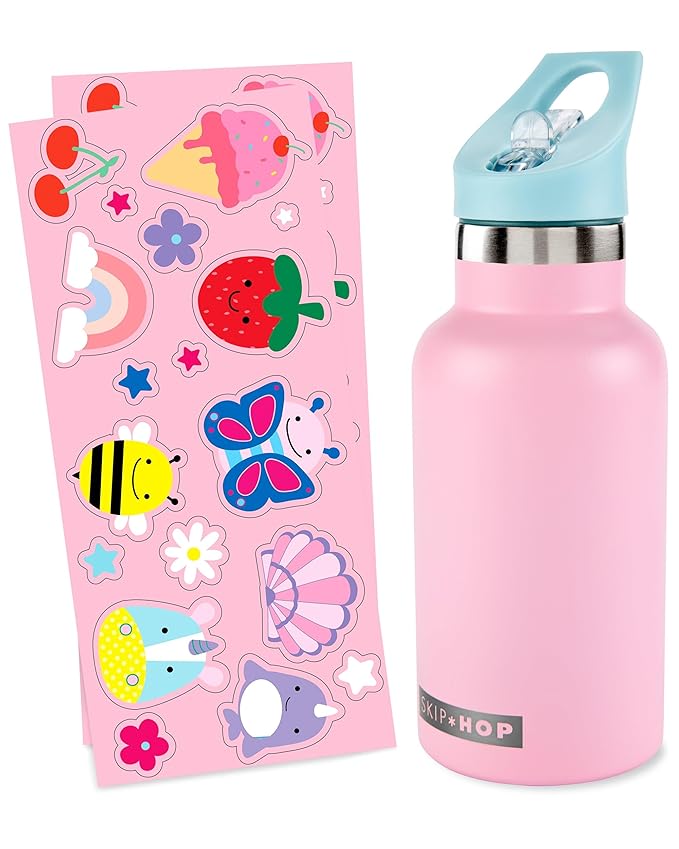 Skip Hop Stainless Steel Kids Canteen Bottle with Stickers, Straw 12.85 oz Pink