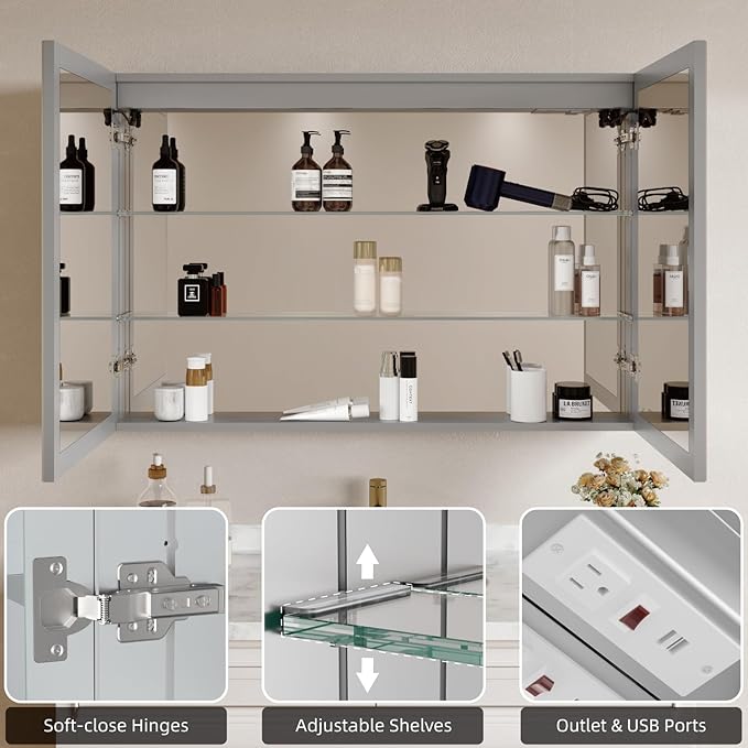 Buruis 36'' x 32'' Medicine Cabinet with Lights and Mirrors, Recessed or Wall Mounted Modern Bathroom Cabinet with 3-Mode Light, Anti-Fog, Dimmable, Memory Function, Outlet, Silver