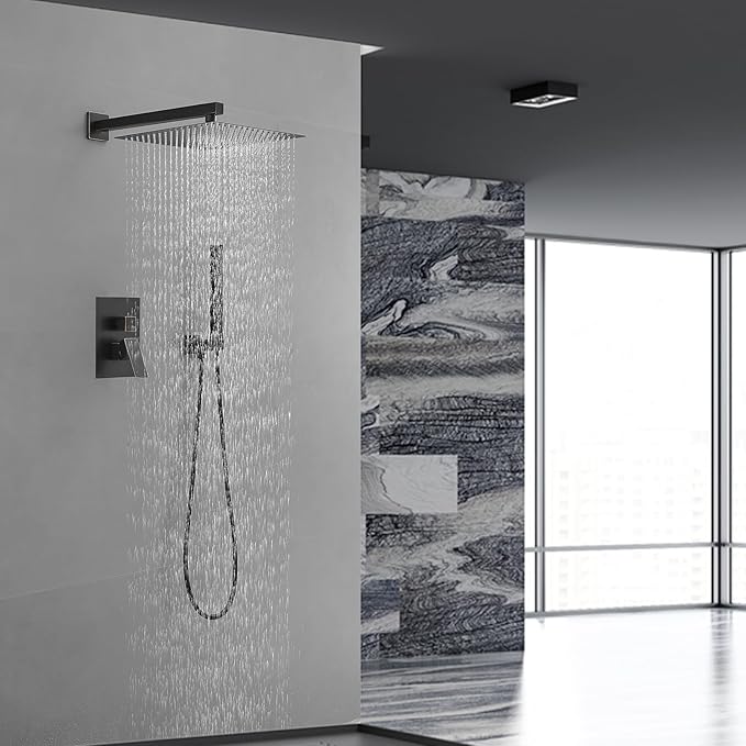 RUMOSE Oil Rubbed Bronze Rainfall Shower System 12 Inch High Pressure Square Shower Head with 2 in 1 Handheld Spray Wall Mount Brass Bathroom Shower Faucet Set with cUPC Certified Rough-in Valve