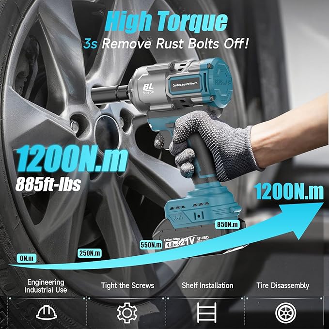 Cordless Impact Wrench, 1/2 Impact Gun with 2 * 4.0A Battery, Brushless Max Torque 885ft-Lbs (1200N.m) Electric Power Impact Driver with Charger & 6 Sockets for Car/DIY Furniture/Lawn Mower