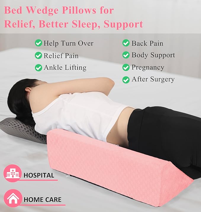 Bed Wedge Pillow for Side Sleeping Foam Filled Body Positioning Triangle Pillow Suitable for Pregnancy and Surgery Prevent Bed Sore for Leg and Back Support with Pillow Case (Pink)