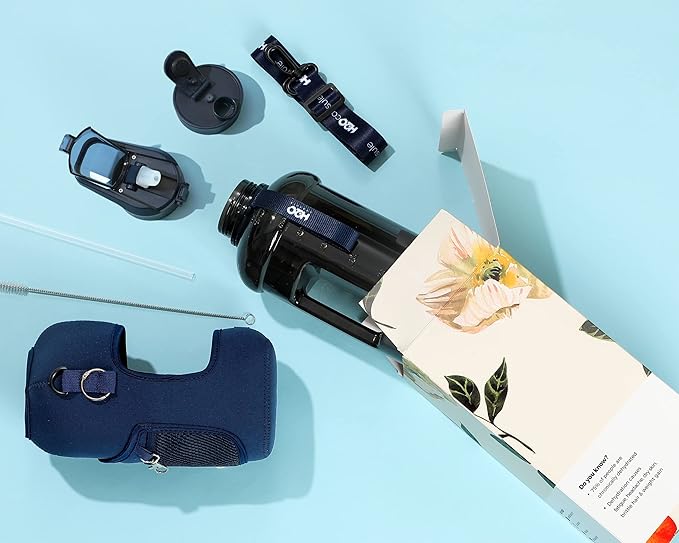 H2O Capsule 2.2L Half Gallon Water Bottle with Storage Sleeve and Removable Straw – BPA Free Large Reusable Drink Container with Handle - Big Sports Jug, 2.2 Liter (74 Ounce), Navy Blue