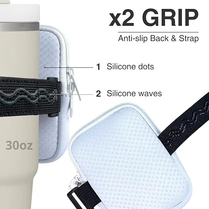 Water Bottle Pouch for Stanley Cups with 20oz 30oz 40oz Stanley Quencher Adventure & Stanley IceFlow, Gym Accessories for Women Tumbler Pouch with Strap & Zipper Cup Purse for Card Keys (White, Small)