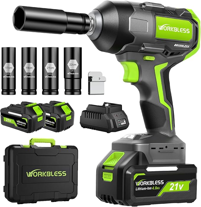 1/2 Impact Gun, 1200Nm (885Ft-lbs) High Torque Brushless, Cordless Impact Wrench with 20V 4Ah Battery, 3-Speed, 4 Cr-V Sockets, LED Light, Variable Speeds, Electric Wrench for Car Tire, Mower Lug Nut