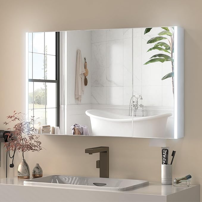 40x24 Inch Medicine Cabinet with Light, AL Alloy Frame, Full-Assembled Bathroom Mirror Cabinet with Brightness Adjustable and Storage Shelves, Led Medicine Cabinet with Recessed or Wall Mount,Sliver