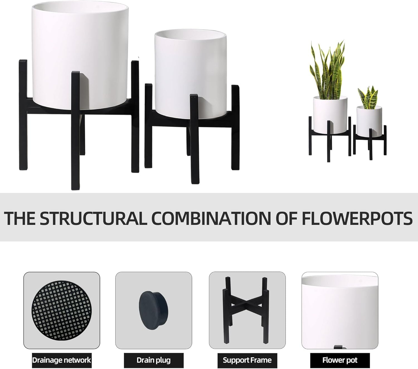 Plant Pot with Stands Set of 2, Mid Century Planters for Indoor Plants Modern Decorative Flower Pots for Balcony, Office, Living Room or Garden with Drainage Plug, 12 inch & 10 inch