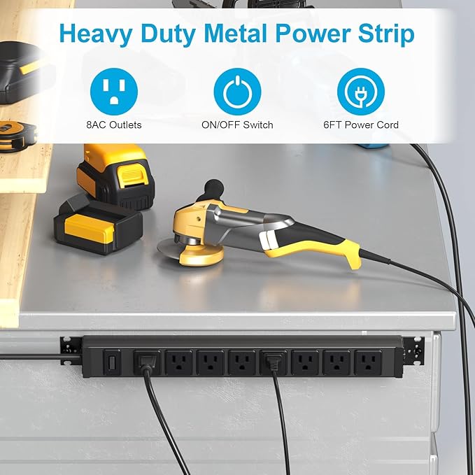 HHSOET 2 Pack Metal 360° Rotating Mountable Power Strip, 8 Outlet Gaming Table Mounted Outlet Strip, Heavy Duty Wall Mount Surge Protector with Switch, 15A 125V 1875W, 15ft Power Cord.(Black)