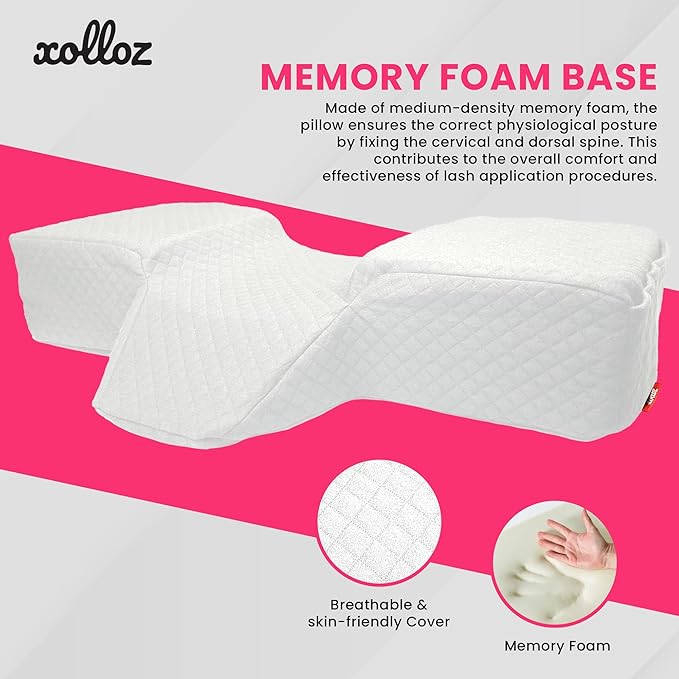 Pillow for Eyelash Extensions - Curved Memory Foam Lash Bed Pillow with Neck and Back Support, Perfect Pillow for Eyelash Extensions, Two Pockets for Tools On The Sides of Pillow (White)