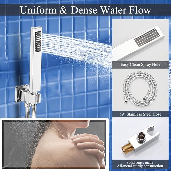 12 Inch Polish Chrome Ceiling Mount Shower System Bathroom Luxury Rain Mixer Shower Combo Set Ceiling Rainfall Shower Head System Faucet Contain Rough-in Valve and Trim Included