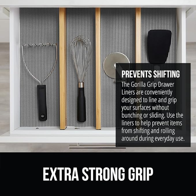 Gorilla Grip powerGRIP Drawer Shelf and Cabinet Liner, Thick Strong Hold, Non-Adhesive Liners Protect Kitchen Cabinets and Cupboard, Bathroom Drawers, Easy Install, Breathable Mat, 24" x30', Gray
