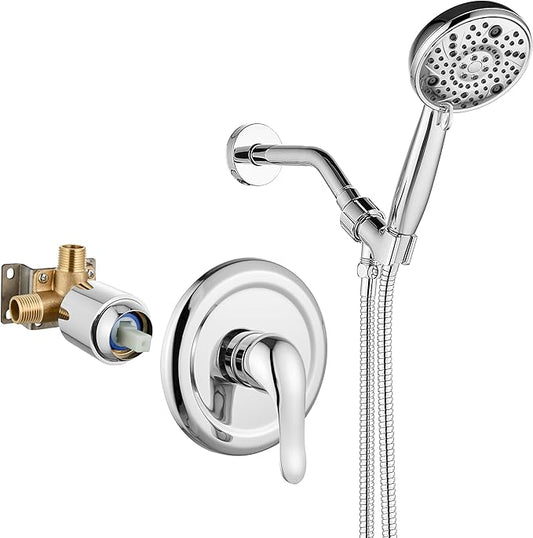 Aolemi Shower Faucet Set Rain Shower Head System Shower Trim Kit Pressure Rough-in Valve Included ABS 8 Setting Single Handheld Spray Polish Chrome