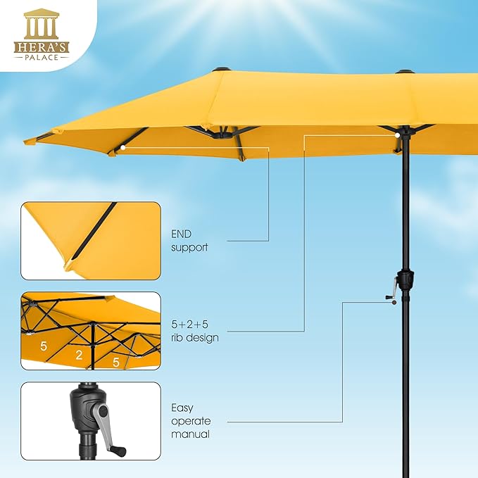 HERA'S PALACE 13 Ft Double-Sided Twin Patio Umbrella, Outdoor Double Sided Market Patio Umbrella with Crank, Powerful UV Protective (Gold Yellow)