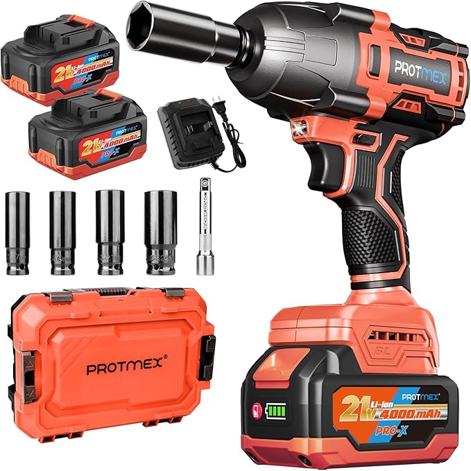 900Ft-lbs (1200N.m) Impact Wrench, 1/2" Cordless Impact Driver, 21V High Torque Power Impact Gun - 2x4.0Ah Batteries, Variable Speeds Brushless Impact Motor for Pickup Truck/Family Car (Orange Red)