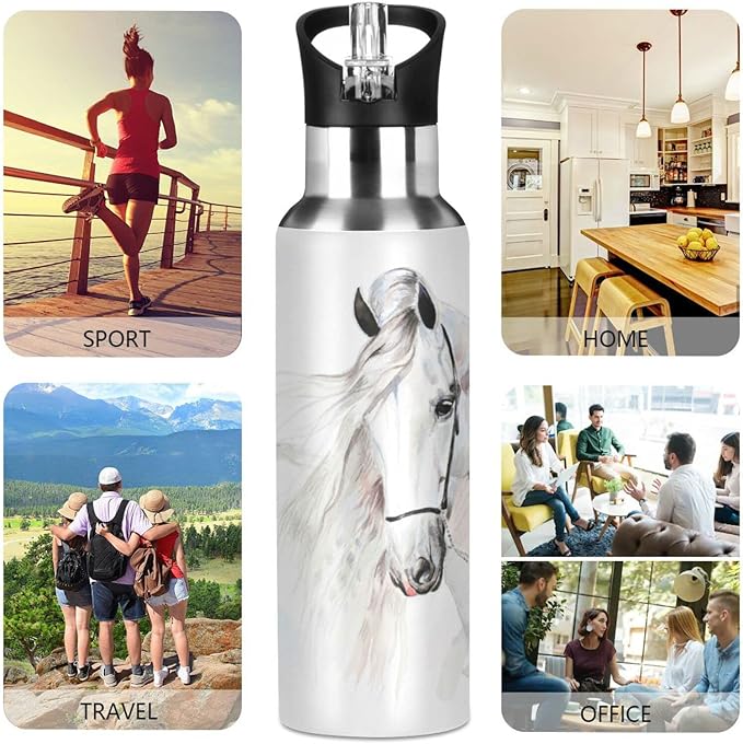 senya 34 Oz Water Bottle with Straw White Horse Stainless Steel Water Bottle for Traveling Sports Leakproof Insulated Water Bottle