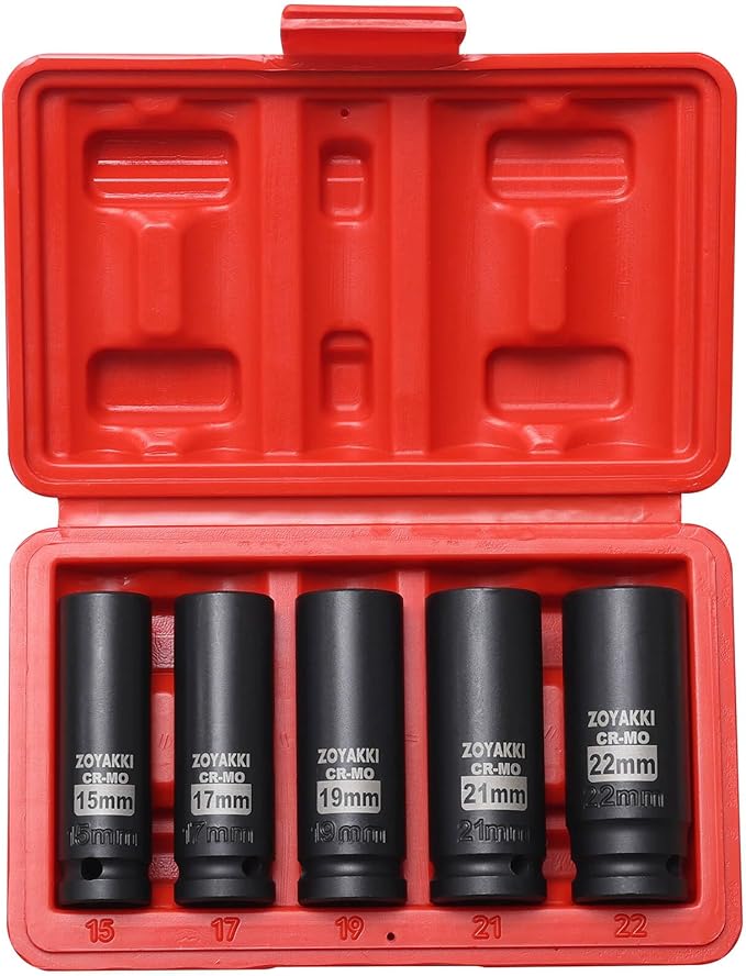 1/2" Drive Deep 6-Point Impact Socket Set, 5-Piece Standard SAE Spindle Axle Nut Impact Socket Set, Cr-Mo,6 Point (15-17-19-21-22mm) Size,Wheel Lug Nuts Socket