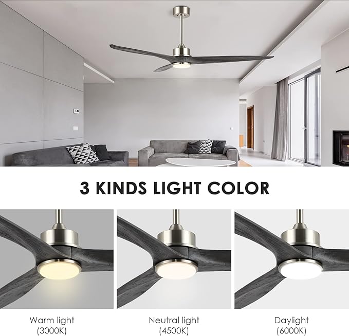 WINGBO 60 Inch DC Ceiling Fan with Lights and Remote Control, 3 Reversible Carved Wood Blades, 6-Speed Noiseless DC Motor, Modern Ceiling Fan in Brushed Nickel Finish with Gray Blades