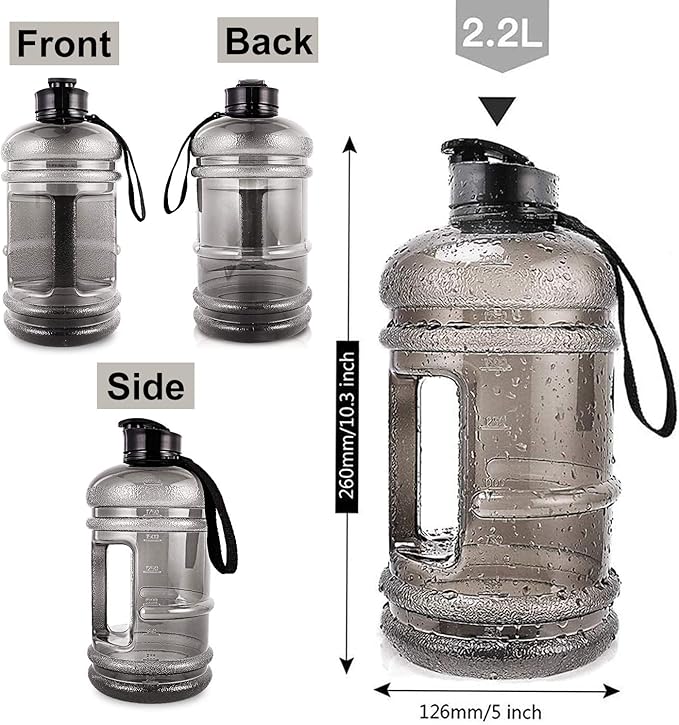 Water Jug 2.2L Large Sport Water Bottle Big Capacity Leakproof Container BPA Free Plastic with Carrying Loop Fitness for Camping Training Bicycle Hiking Gym Outdoor (Black)