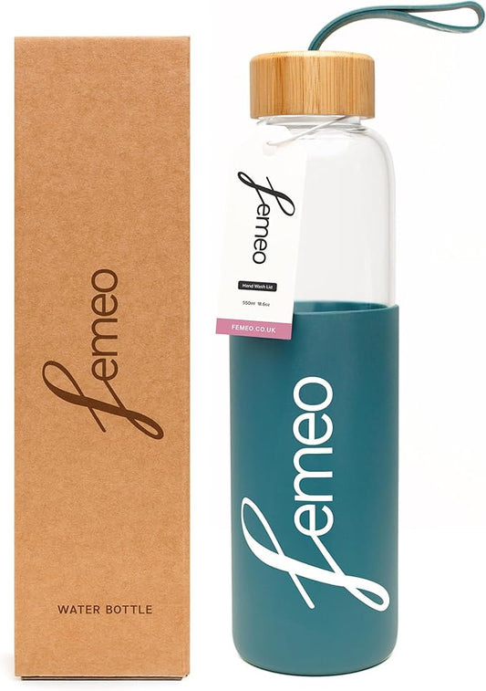 Femeo® Glass Water Bottle for Women | Eco, Yoga & Gym Friendly, 18oz | 100% Leakproof, BPA-Free, Dishwasher Safe, Borosilicate Drinking Glass Bamboo Sports Cap Teal