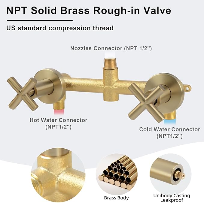 2 Handles Shower Faucet Set,Tub and Shower Trim Kit with Rough-in Valve,2 Handle Shower Faucet with 3 Modes Rainfall Shower Head,2 Knobs Single Function Shower Faucet,Brushed Gold,1A4MK-W