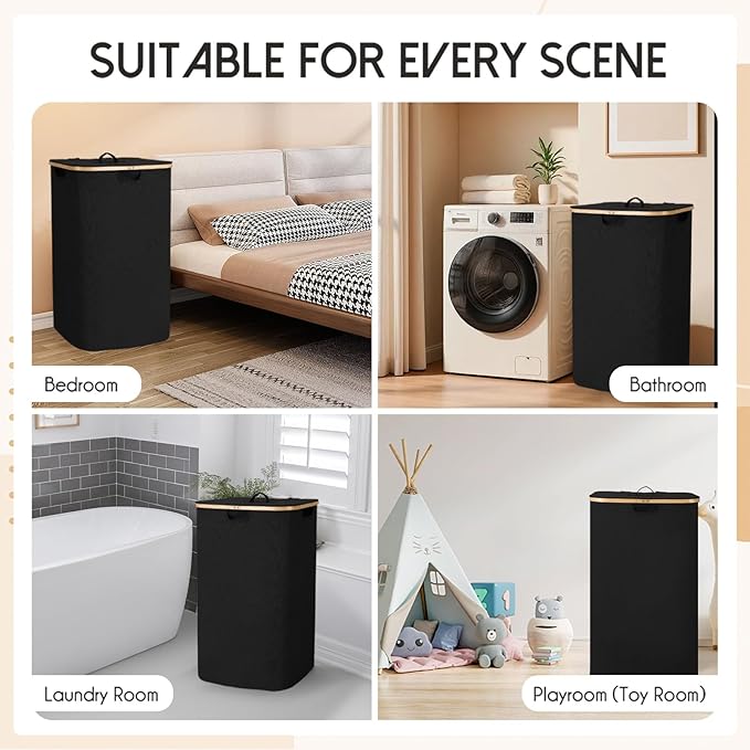 160L Laundry Sorter Hamper with Lid, 3 Section Extra Large Dirty Clothes Basket with Handles, 3 Removable Liner Bags & Labels, Black