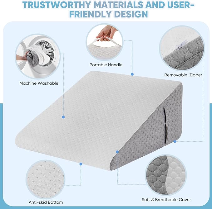 Forias Wedge Pillow for Sleeping 12" Bed Wedge Pillow for After Surgery Triangle Pillow Wedge for Acid Reflux Gerd Snoring Post Surgery Leg Back Pain Relief - Soft Memory Foam Top & Washable Cover