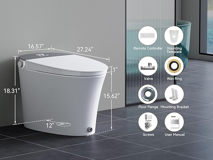 Smart Toilet with Powerful Flush, for Low Water Pressure, Luxury Smart Toilet built-in bidet with Instant Warm Water, Auto Open& Close Lid and Kick Control, Deodorization, Night Light