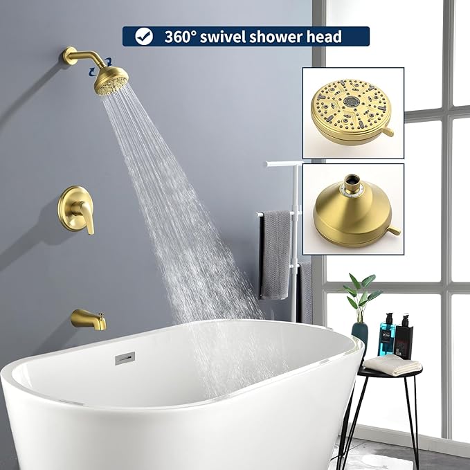 Shower Tub Kit Tub Shower Faucet Combo Set Bathtub Faucet Set Shower System with Tub Spout Shower Valve and Trim Kit Shower Fixtures Brushed Gold