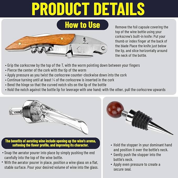 Wine Accessories Set, Featuring 3 in-1 Multifunctional Waiters Corkscrew Bottle Opener, Wine Aerator Pourer Spout & Decanter, Air-Tight Wine Stopper.