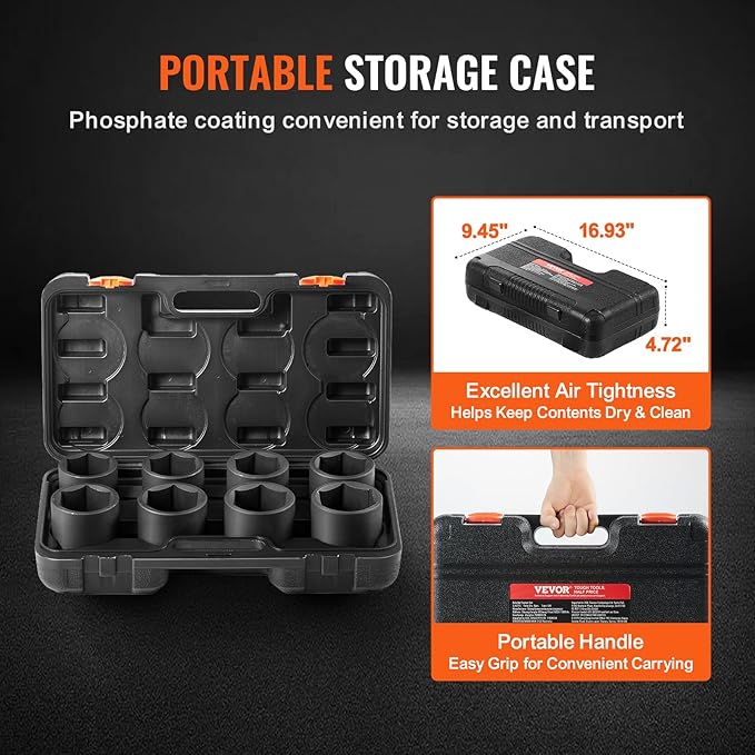 VEVOR Axle Nut Impact Socket Set - 3/4" Drive 6-Point 8-Piece SAE Spindle Nut Socket CR-MO Heat Treated Large Socket Set with Storage Case for Auto Repair, Removing or Installing Axle Nuts