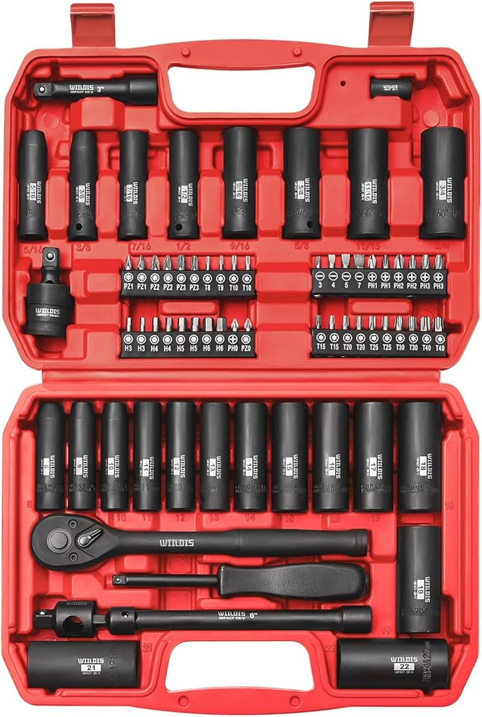 70pcs 3/8" Drive Impact Socket Set,Standard SAE(5/16 to 3/4-Inch) Metric Size(8-22mm), CR-V Steel Deep Socket Kit, Adapters, Ratchet Handle, Screwdriver Bit Set, Sliding T Bar, 6 Point