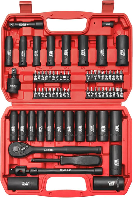 70pcs 3/8" Drive Impact Socket Set,Standard SAE(5/16 to 3/4-Inch) Metric Size(8-22mm), CR-V Steel Deep Socket Kit, Adapters, Ratchet Handle, Screwdriver Bit Set, Sliding T Bar, 6 Point