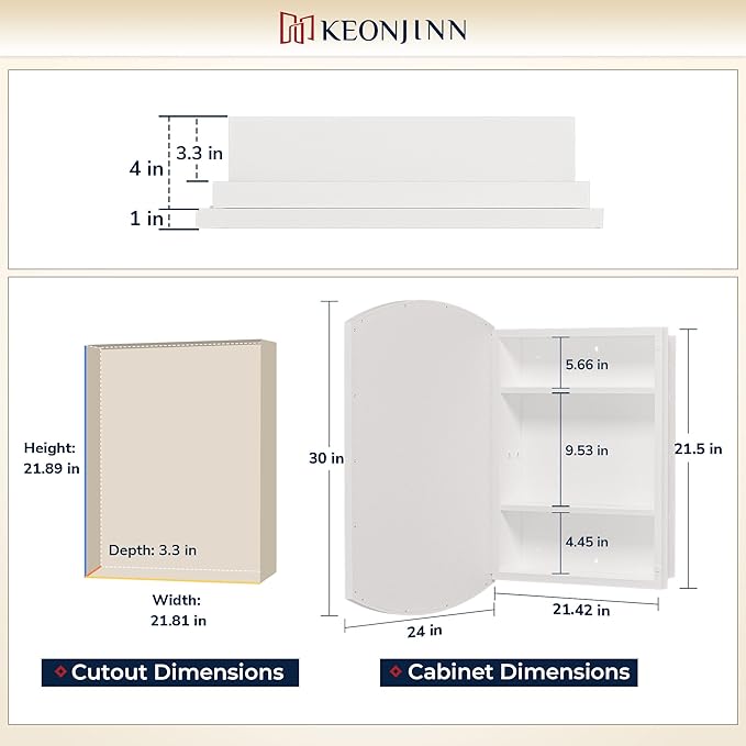 Keonjinn White Medicine Cabinet with Mirror 24” x 30”, Metal Framed Wall Cabinet with Beveled Mirror, Surface Mount or Recessed Medicine Cabinet for Bathroom, Bathroom Mirror with Storage