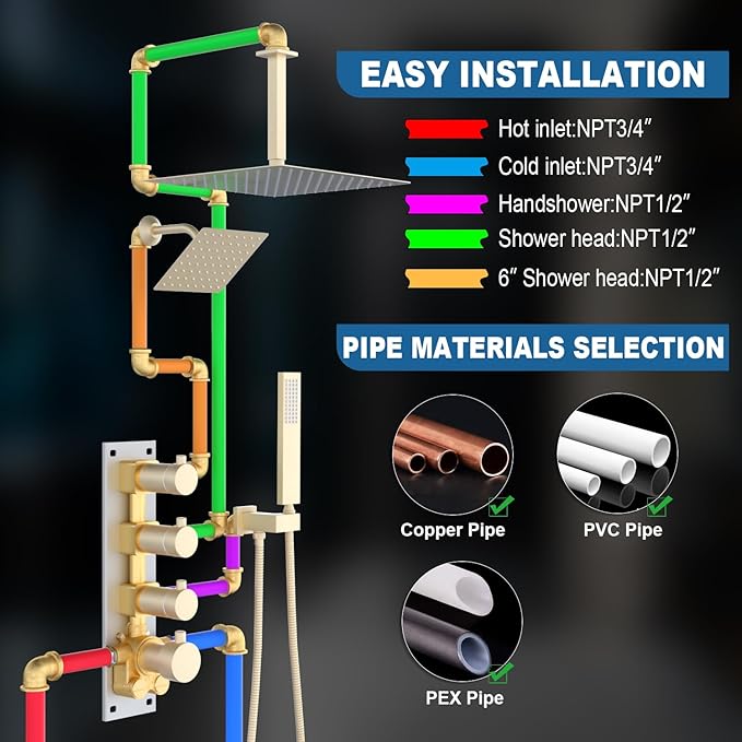 Enga Thermostatic Dual Head Shower System - 16"+6" Ceiling & Wall Mount Rainfall Showerheads, All Functions Simultaneous & Adjustable Volume, Brushed Gold