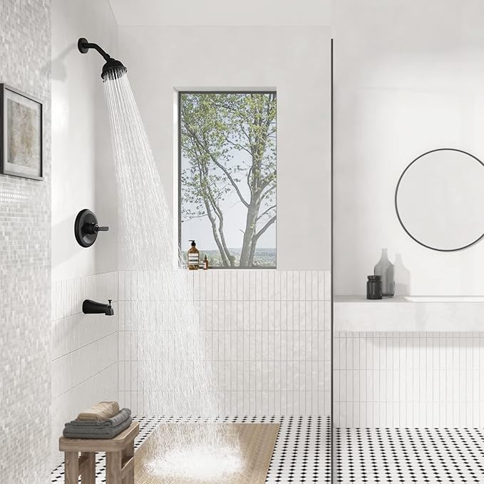 PARLOS Shower System, Matte Black Shower Faucet Set with Tub Spout(Valve Included), 5-Setting Mode Shower Head and Tub Spout with Diverter, Multi-Function Wall Mounted Shower Bathtub Combo, 1436904