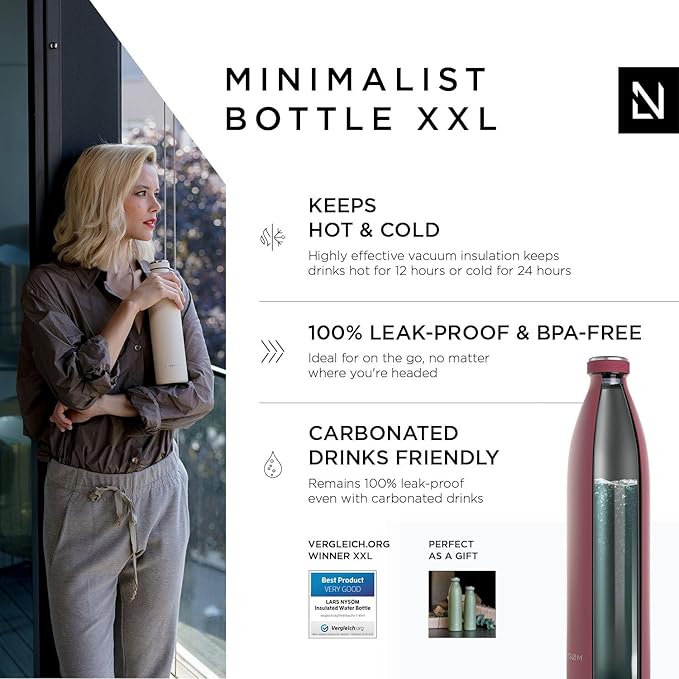 LARS NYSØM Stainless Steel Insulated XL Water Bottle 12oz 17oz 25oz 34oz 51oz | BPA-free Insulated Thermo Flask for Hot and Cold Beverages | Leakproof Large Drinking Bottle (Berry, 51oz)