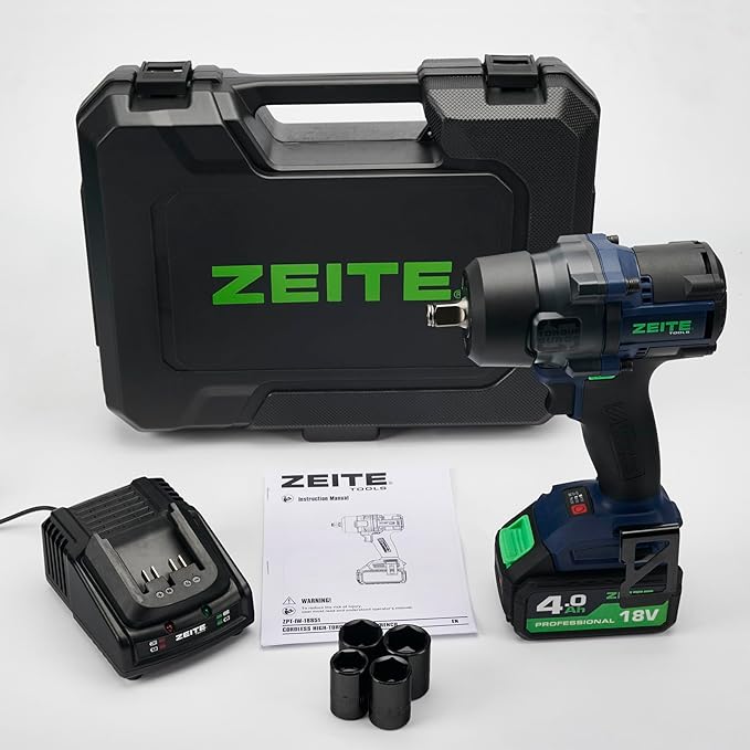 Zeite 18V Cordless Impact Wrench Kit,High Torque 1/2" Brushless Impact Gun,Max Torque 885 Ft-lbs(1200Nm),4 Torque Mode,Variable Speed,4 x Sockets,1 x 4.0Ah Battery,Carry Case,Ideal for Car Truck Home